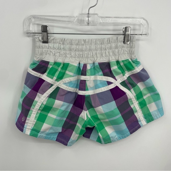 Lululemon plaid running tracker shorts purple green Sz 4 4” inseam - Picture 1 of 6